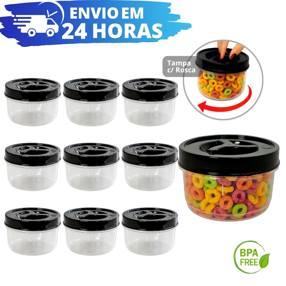 Jogo 10 Potes Redondo 300ml Tampa Preta com Rosca BPA FREE REFORÇADO Potinho Transparente Tempero Papinha Bebê