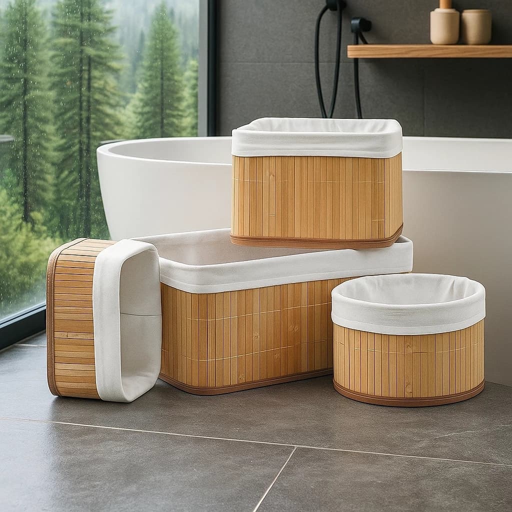 Conjunto de 4 Cestos Multiuso em Bambu Decoração Cozinha Banheiro Organizador Multiuso