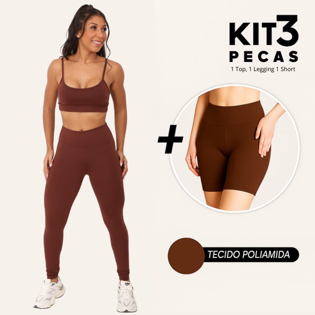 Kit 3 Peças Trijunto Calça Legging Short e Top Fitness Roupa de Academia Feminina Poliamida Treino