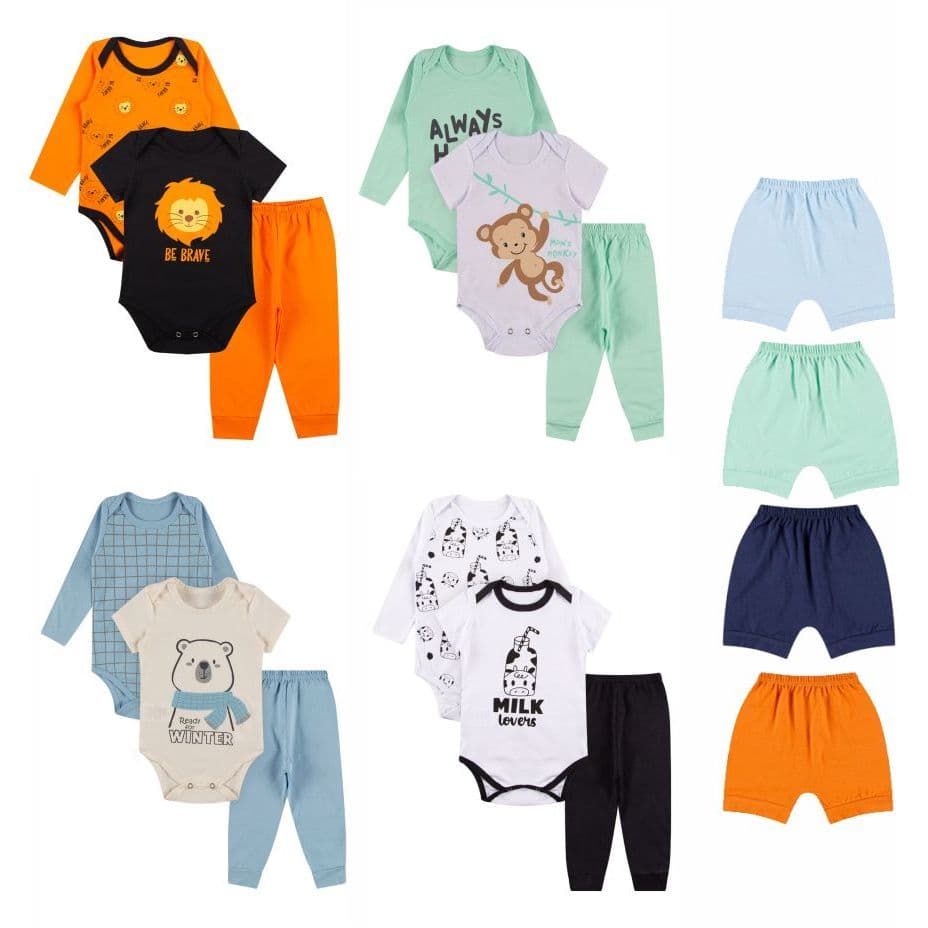Kit Body roupa De Bebe 16 Peças Body Manga Longa, Body de Curta, Calça e Shorts Tampa Fralda Menino