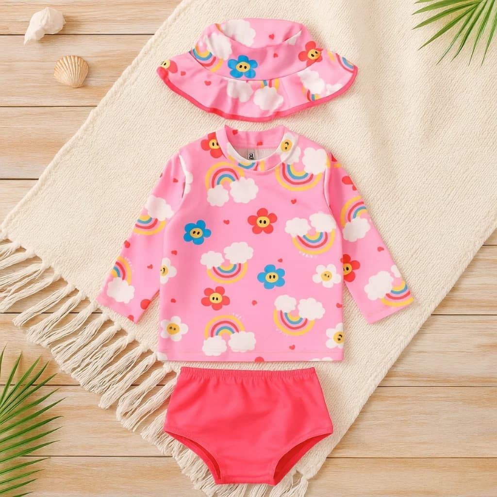 Conjunto Praia Bebe Infantil Proteção Uv 50+ Menina 3 Peças