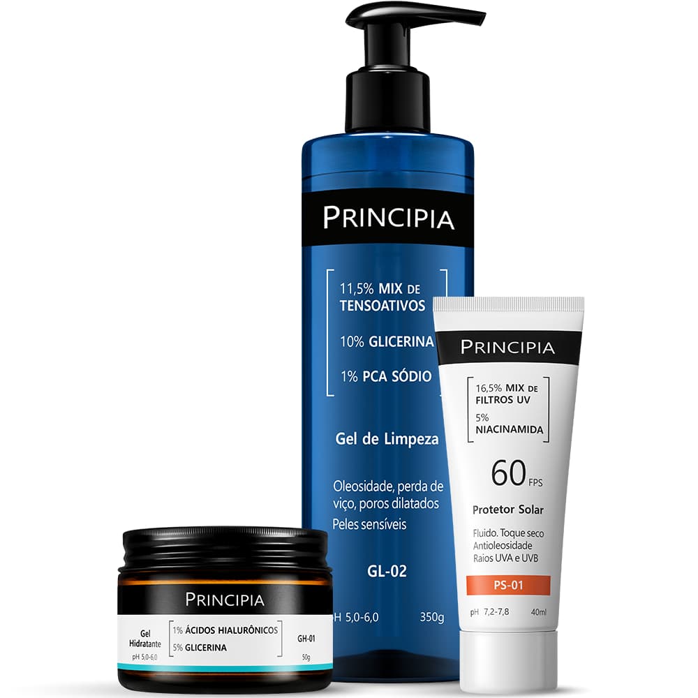 Principia Kit Rotina Essencial c/ Gel de Limpeza GL-02 + Gel Hidratante GH-01 + Protetor Solar PS-01 FPS60