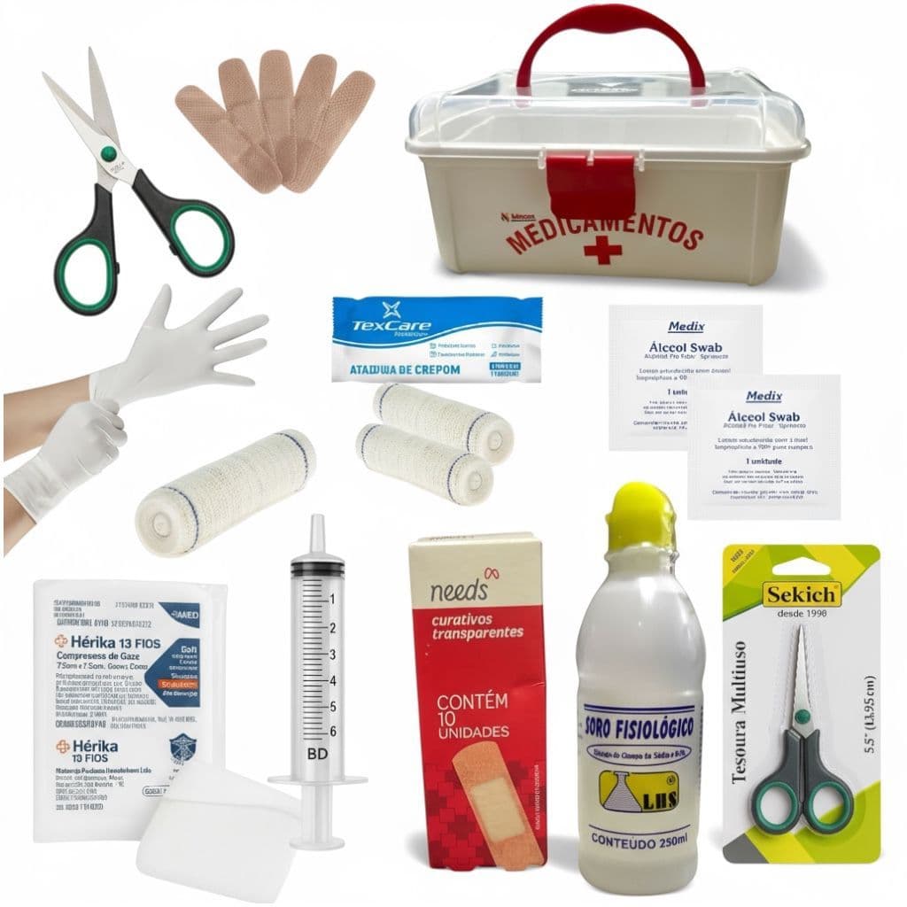 Kit Primeiros Socorros Completo com Caixa, Curativos, Tesoura, Gaze, Luvas, Soro