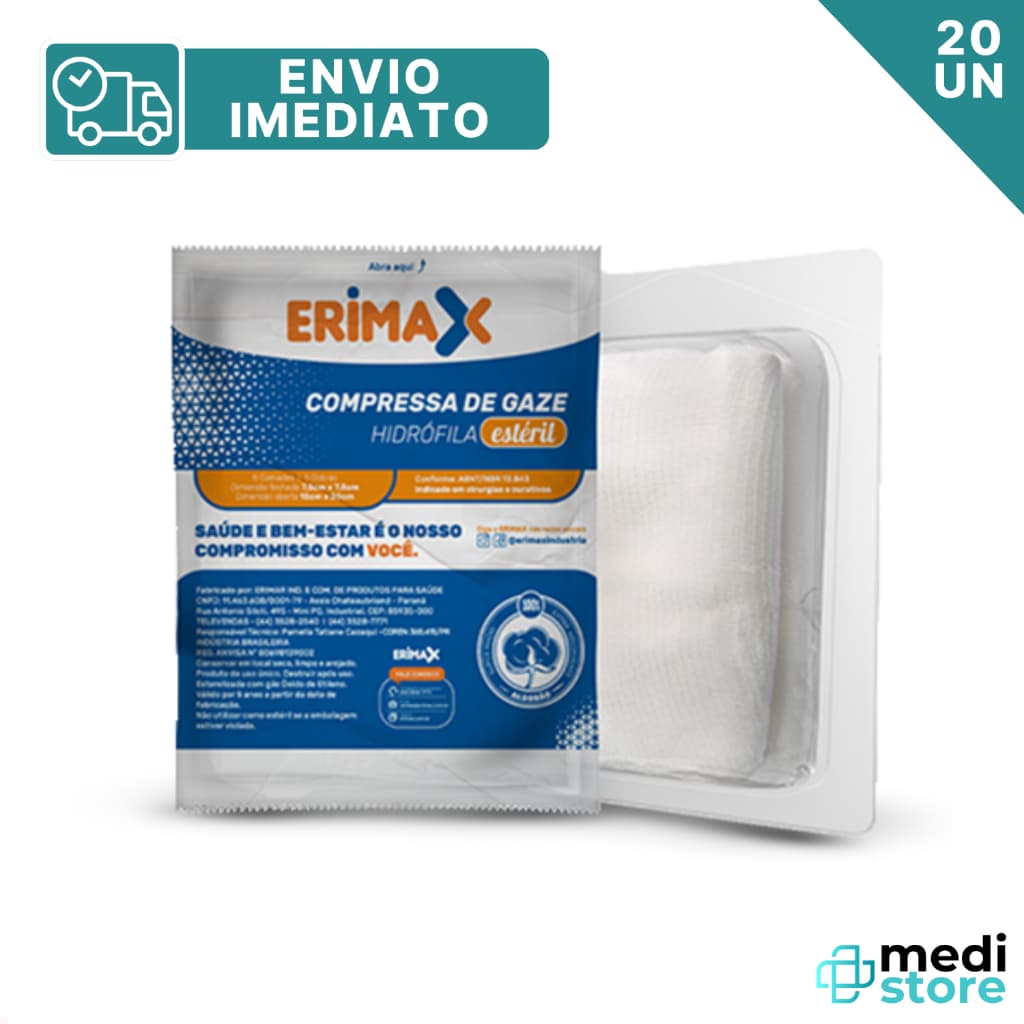 Kit com 20 Compressas de Gaze 7,5X7,5 Estéril 13 Fios ERIMAX - Envio Imediato