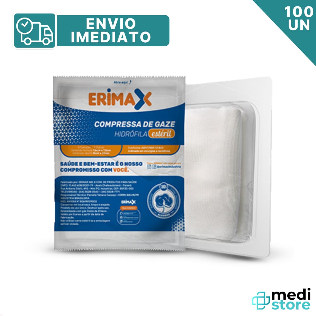 Kit com 100 Compressas de Gaze 7,5X7,5 Estéril 13Fios ERIMAX - Envio imediato