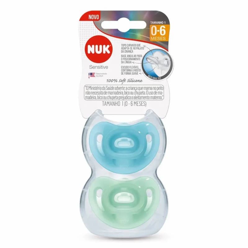 KIT COM DUAS CHUPETAS NUK SENSITIVE SILICONE SOFT 0 A 6 MESES COM ESTOJO