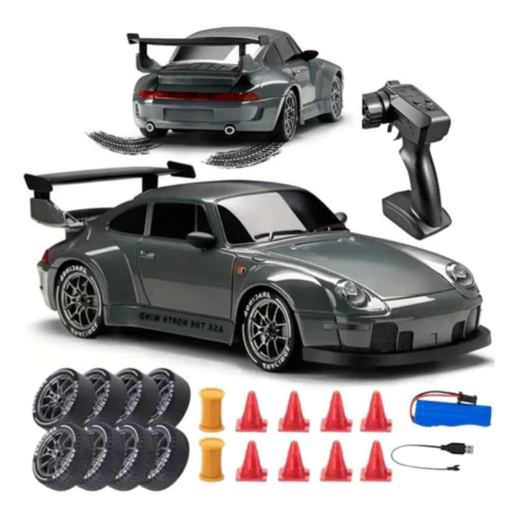 Porsche 993 Nissan GTR RC Drift 4WD 1:20 carrinho de controle remoto corrida recarregável neon luz led farol