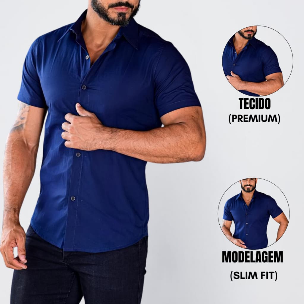 Camisa Social Masculina Tricoline Luxo Slim Fit Manga Curta Premium