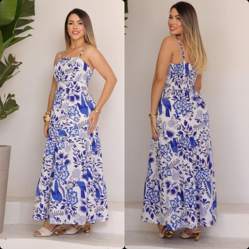 Vestido Longo Feminino Estampado Com Bolho Alça Regulável Com LASTEX nas Costas