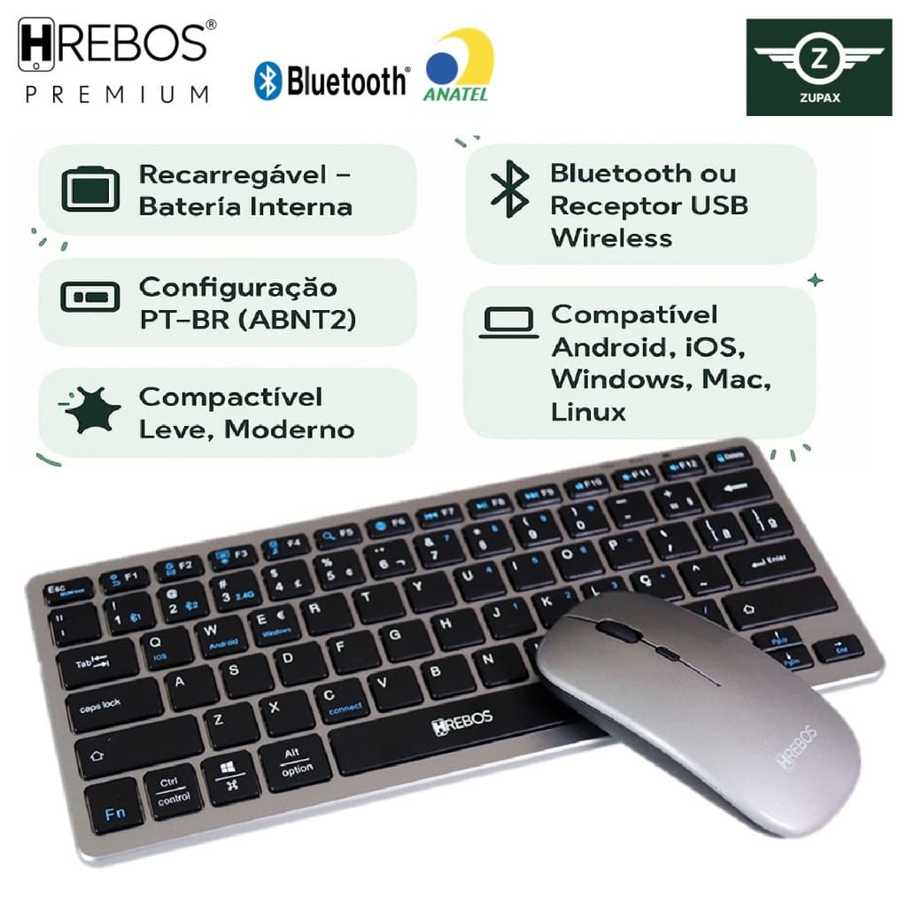 Kit Teclado e Mouse Sem Fio | Recarregáveis | Bluetooth | Wireless USB | Windows, Mac, Android e iOS