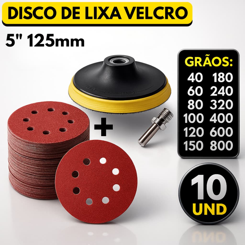 Kit Base Suporte 125mm com Adaptador M14 + 10 Lixas 8 Furos Com Velcro 5" Furadeira Esmerilhadeira Lixadeira Orbital