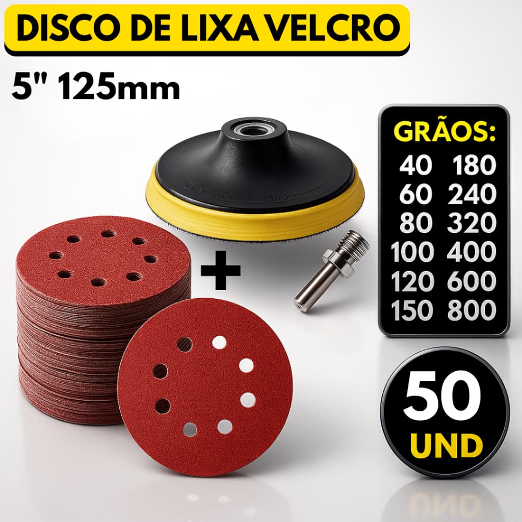 Kit Base Suporte 125mm com Adaptador M14 + 50 Lixas 8 Furos Com Velcro 5" Furadeira Esmerilhadeira Lixadeira Orbital
