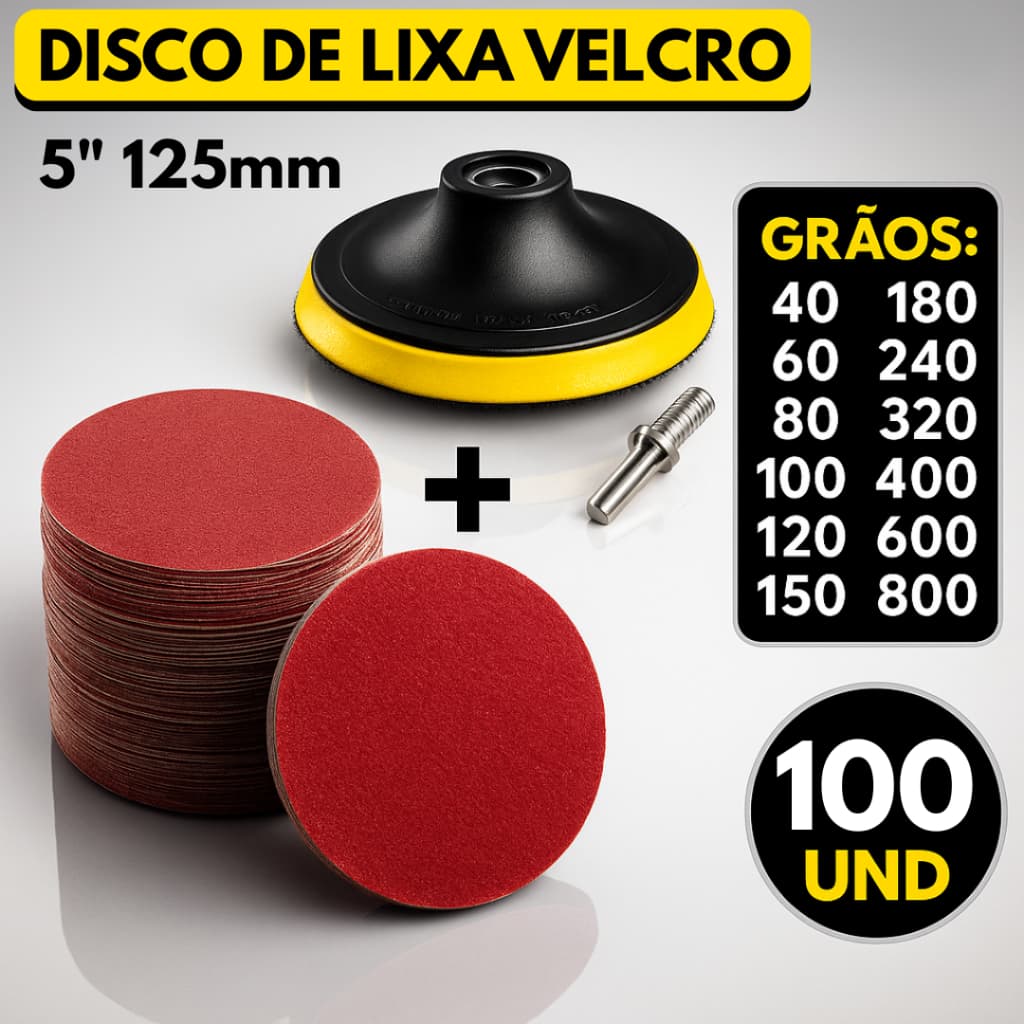 Kit Base Suporte 125mm com Adaptador M14 + 100 Lixas Sem Furos Com Velcro 5" Furadeira Esmerilhadeira