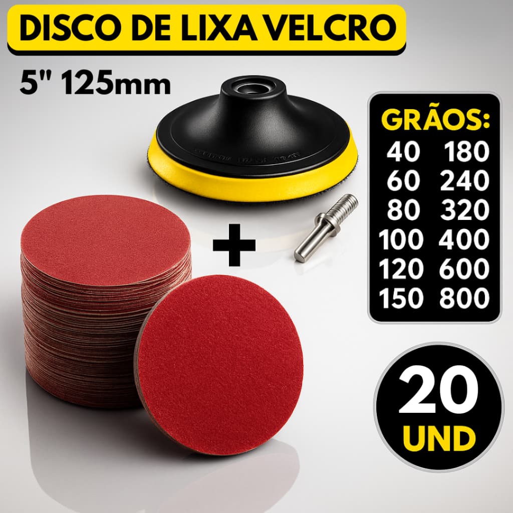 Kit Base Suporte 125mm com Adaptador M14 + 20 Lixas Sem Furos Com Velcro 5" Furadeira Esmerilhadeira