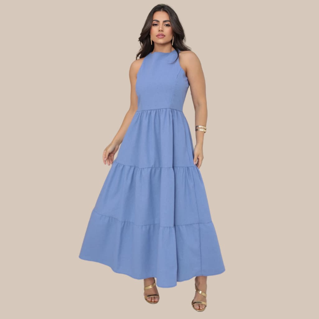 Vestido Feminino Midi Saia Três Marias Alfaiataria Linho Elegante Social Moda Verão