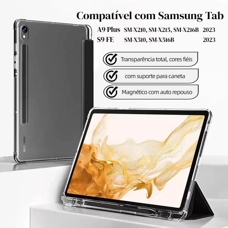 Capa Transparente Samsung Tablet A9plus/S9FE/S10FE  com Suporte para Caneta e Função Auto Despertar