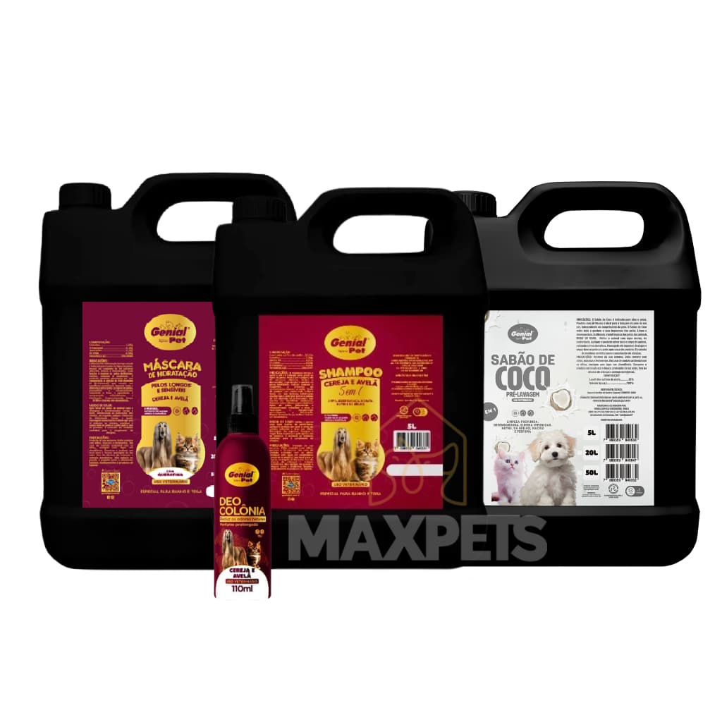 Shampoo + Mascara Hidrat Cereja e Avelã 5l + Colônia 110ml + Sabão Pré-lavagem para Cães e Gatos Genial Pet Banho e Tosa