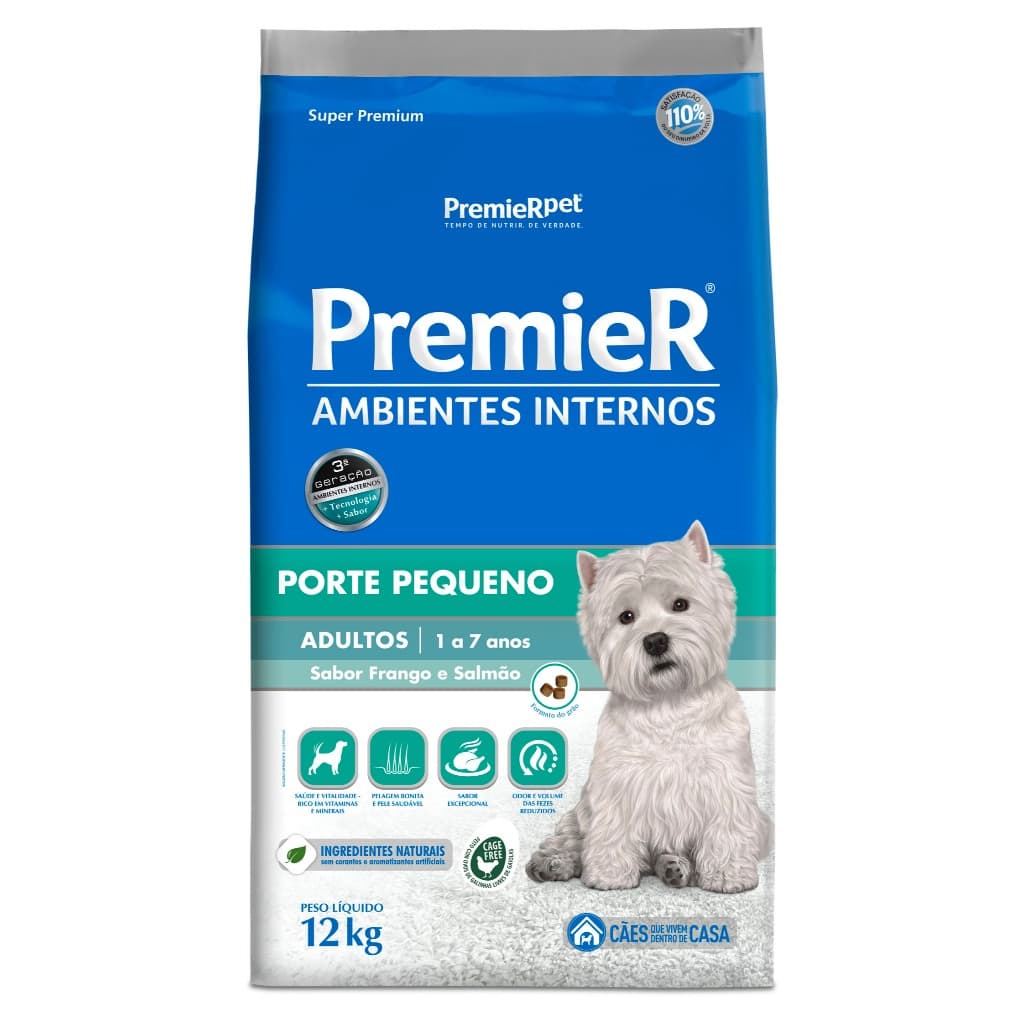 Ração Premier Ambientes Internos Cães Adultos Porte Pequeno Frango e Salmão 12kg