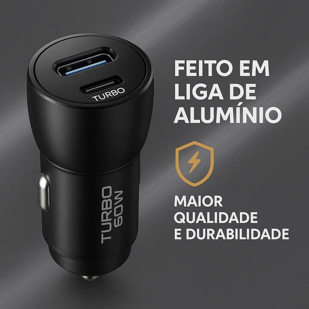 Carregador Veicular Turbo 60W com Cabo Tipo-C Rápido QC 3.0 – Dual USB para Celulares e Tablet