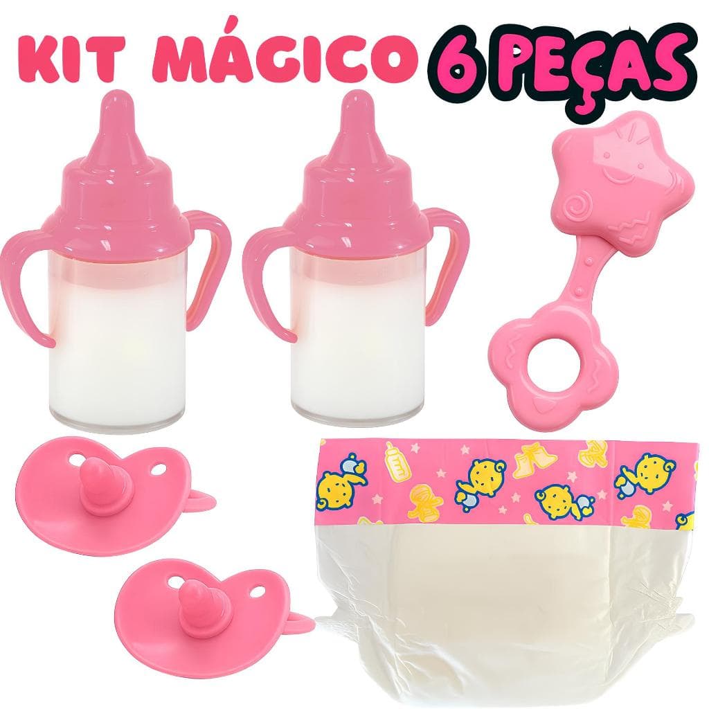Kit Mamadeira Mágica Para Boneca Reborn 6 Peças Mamadeira Com Leite Fralda Chocalho Chupeta