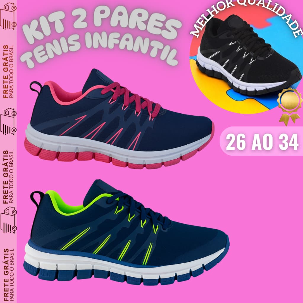 Kit 2 Pares Tênis Infantil Leve Confortável e Flexível 26 ao 34 Para Escola