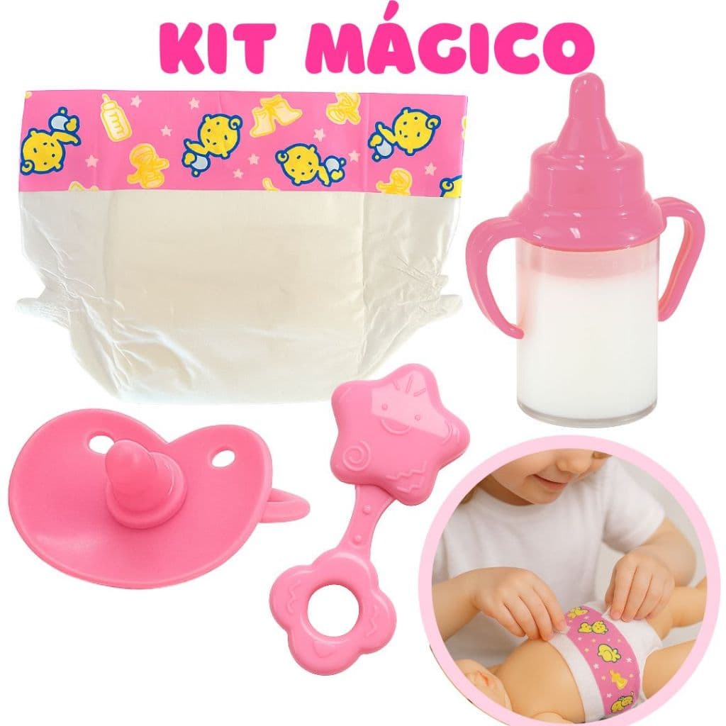 Kit Mamadeira Mágica Brinquedo Faz De Conta Para Menina Boneca Acessórios Fralda Chupeta Chocalho