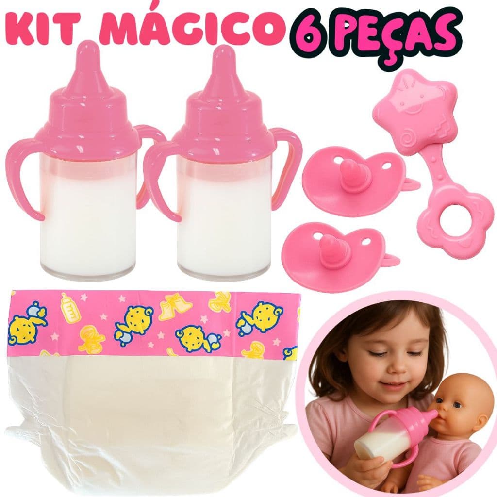 Kit Mamadeira Mágica Para Boneca Reborn 6 Peças Fralda Chupeta Chocalho Brinquedo Menina Faz De Conta