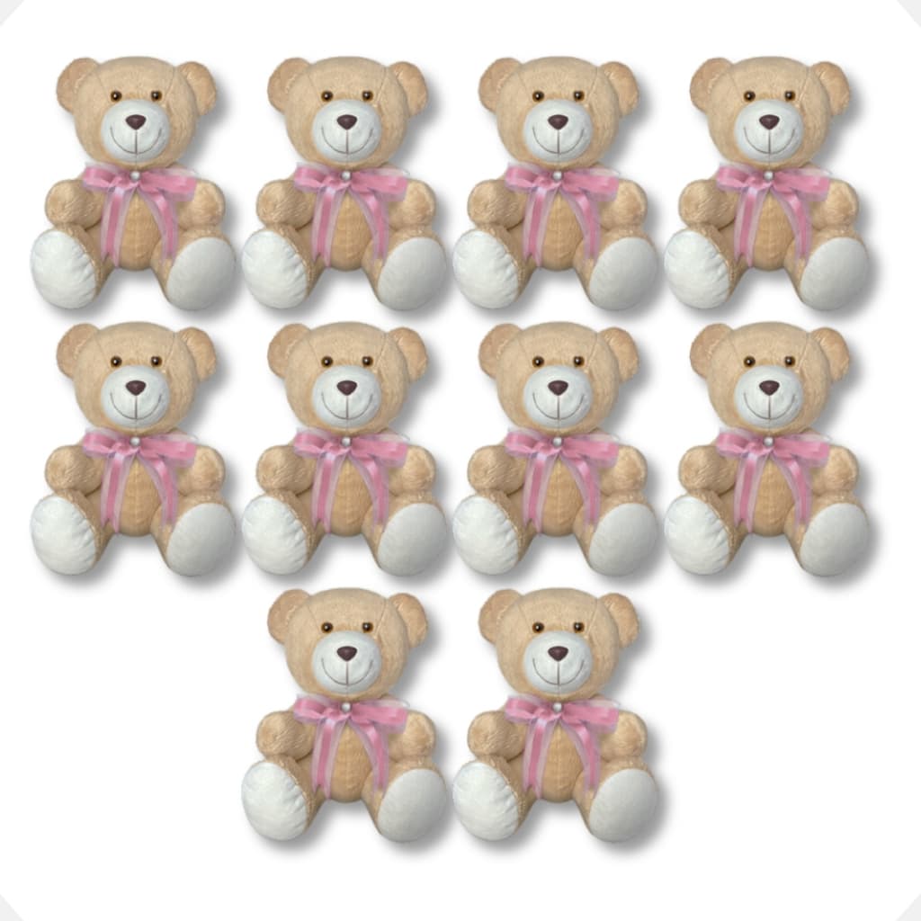 Kit 10 Ursinho de Pelúcia Antialérgico Articulado Com Laço 25cm Urso Para Decoração e Lembrancinha