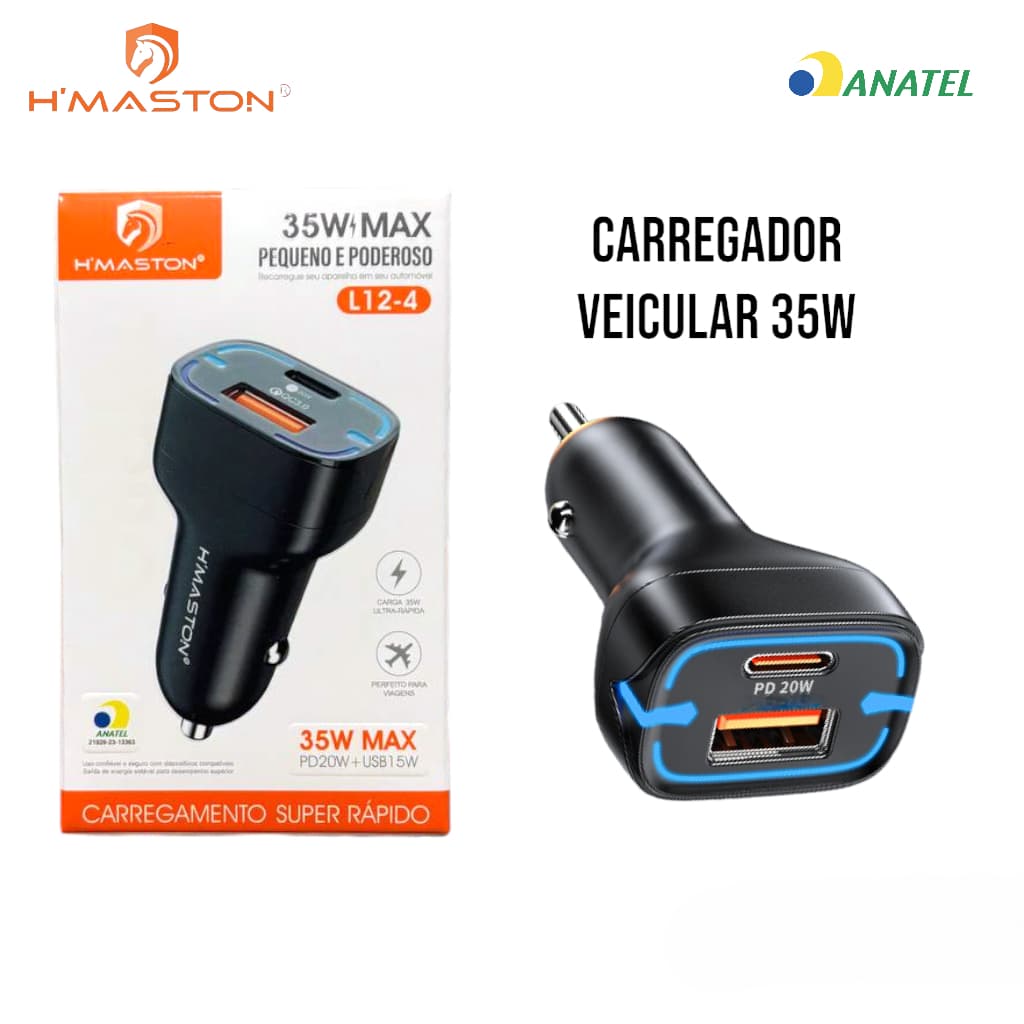 Carregador Veicular turbo 35W TIPO C + USB 9A Carga rápida Universal ENVIO IMEDIATO