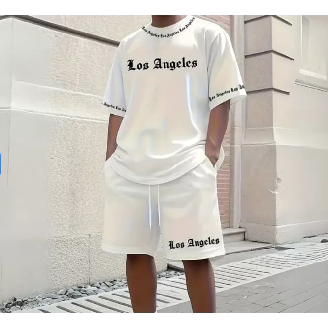 Conjunto Camiseta Street Oversized + Bermuda Moletom Los Angels Confortável 100% Algodão Dia a Dia Esporte