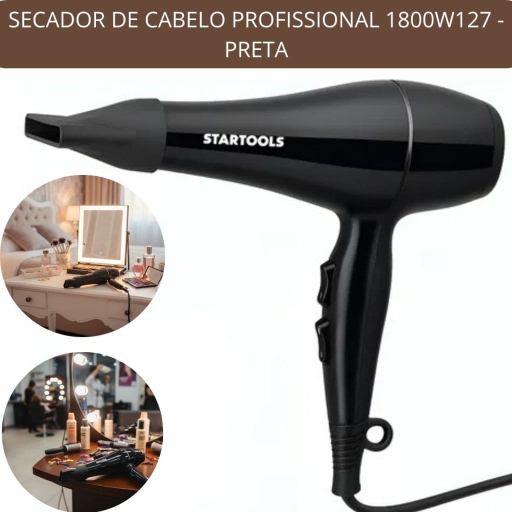 Secador de Cabelo Profissional 1800W 127V Cabo Dobrável 2 Temperaturas 2 Velocidades Salão de Beleza - Preta