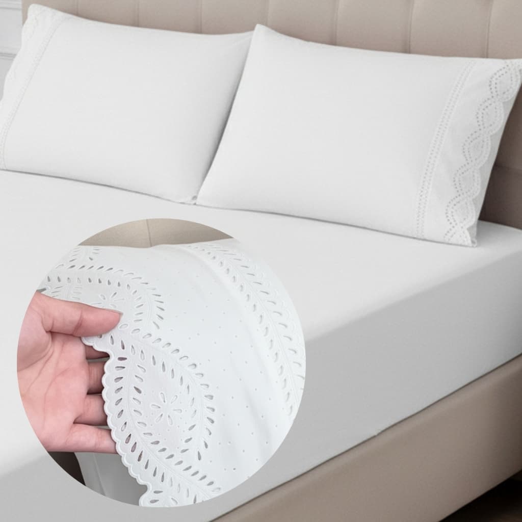 Jogo de Lençol Casal Queen King 3 Peças Bordado Inglês 400 Fios Lese c/ Elástico Roupa de Cama