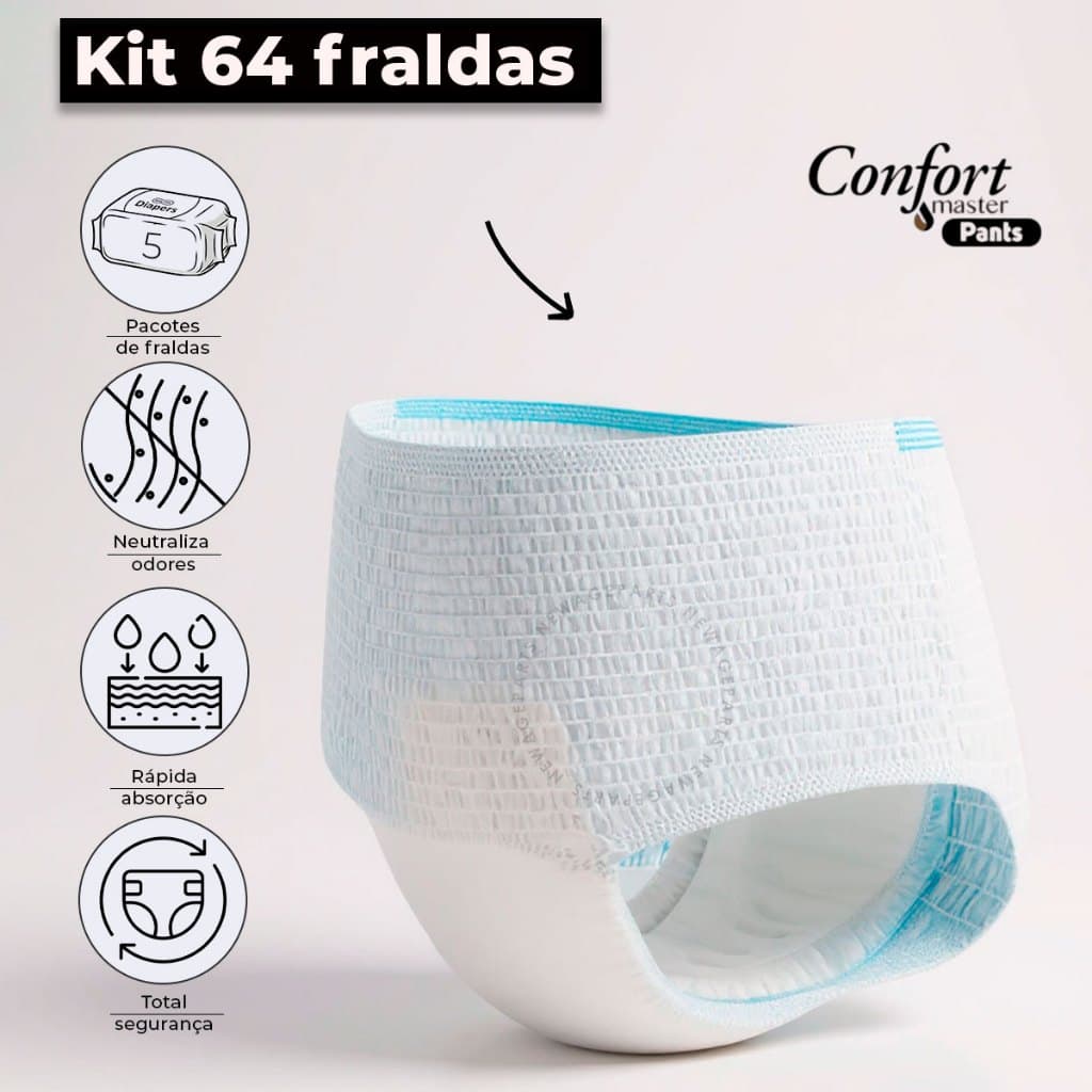 Kit 64 Fraldas Geriátrica Pacote Unissex Calcinha/Cueca Descartável Confort Master Pants
