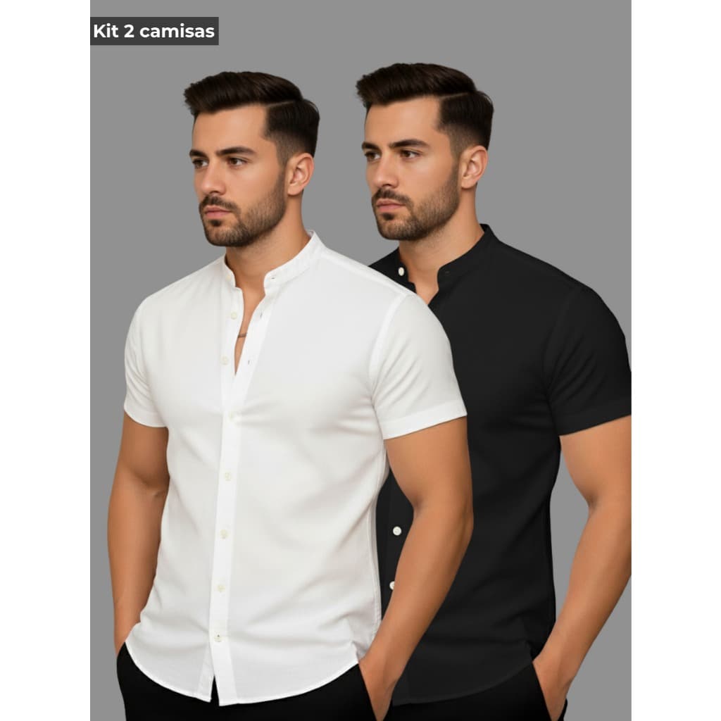Kit 2 Camisa Social Masculina Manga Curta Gola Padre Slim Spandex Camisa social para escritório