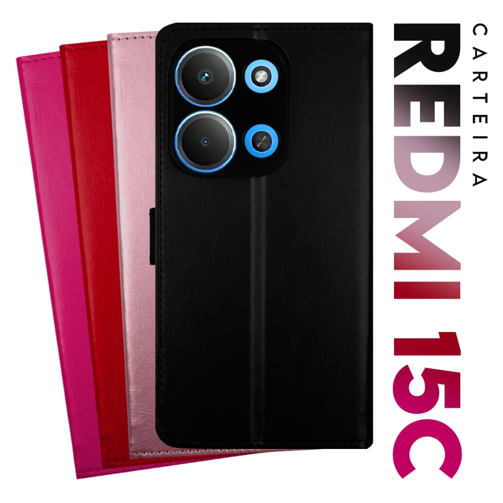 Capa Case Capinha Carteira Flip Cover Couro Sintético PRETA Xiaomi Redmi 15c tela 6.9 pol Cell in Power25