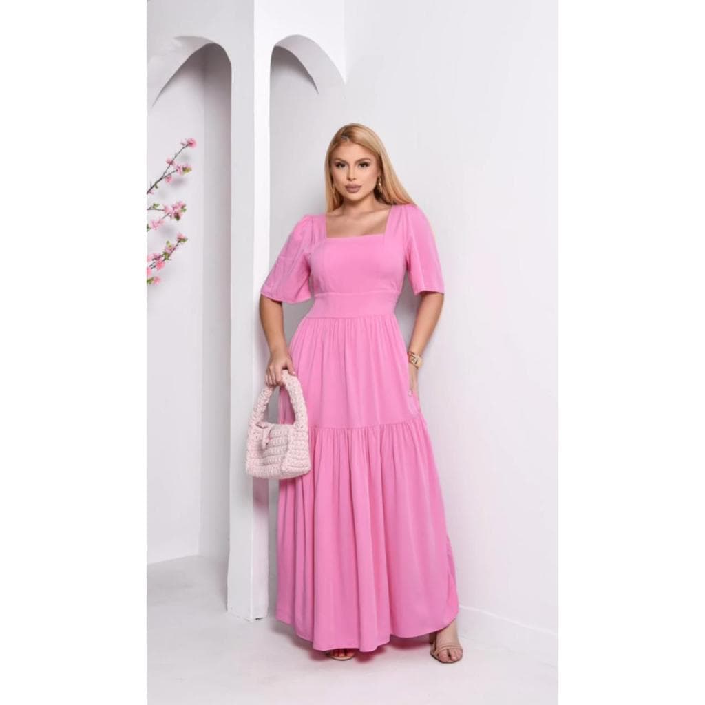 Vestido Longo| Moda Verão|  Vestido com babado| Vestido Moda Feminina| Vestido Manga Curta| Vestido Solto, babado.