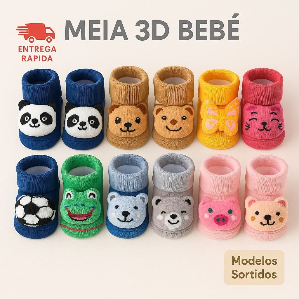 Kit Meias Infantil Sapatinho Bebe Bichinhos Fofo 3D RN Pelúcia Bebê Infantil Enxoval Menino Menina Pantufa Pelúcia