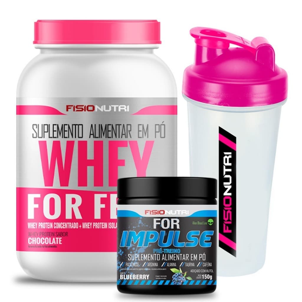Kit 1 Whey For Feme 900g + Pré Treino For Impulse 150g + 1 Coqueteleira 600ml - FisioNutri
