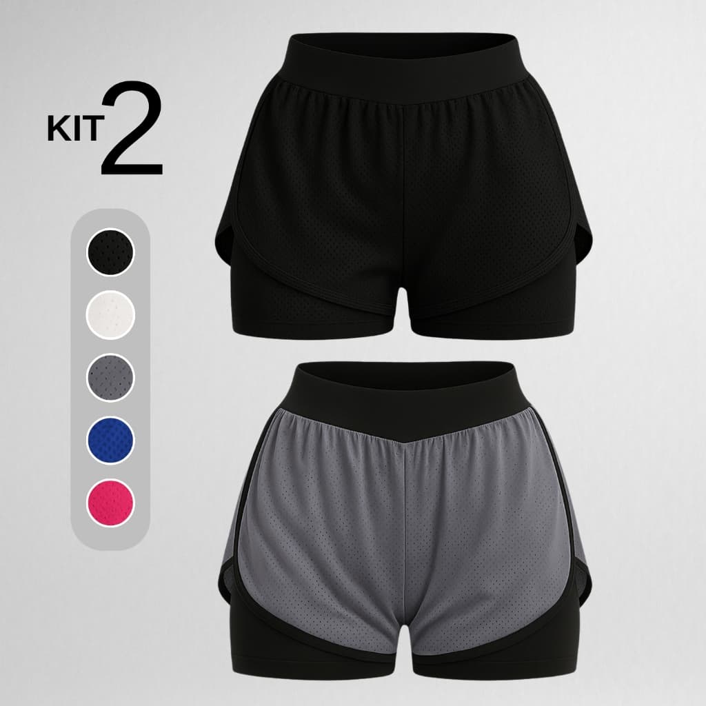 Kit 2 Shorts Duplo Academia Feminino Roupa Fitness Treino Corrida Esporte