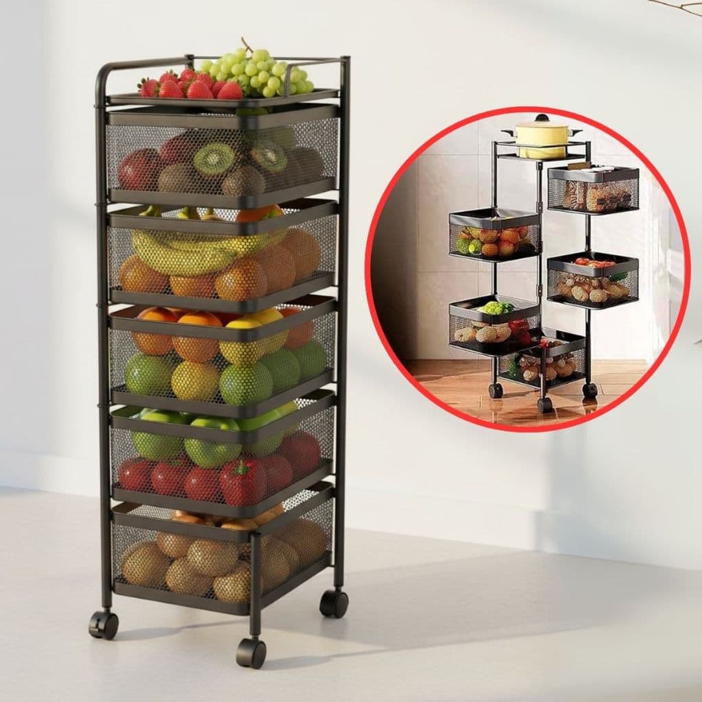 Fruteira de Chao com 5 Divisorias Organizador Cozinha com Rodinhas Multiuso Cestos Vazados Ventilados Preta ou Branca