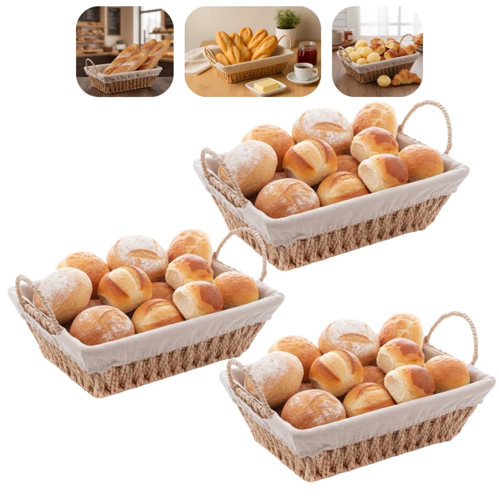 Kit 3 Cestos De Pães Retangular Decorativo Com Forro Removível Multiuso Sala Cozinha Banheiro 30cm