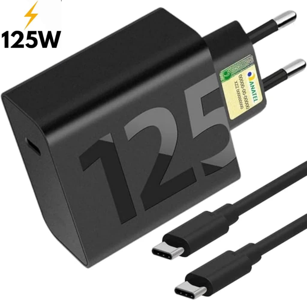 Carregador Turbo 125w Tipo C Para Tipo C Carregador rápido Fonte e Cabo Tipo C Turbo S23 FE, S24 Ultra, A05s, A15 5G A54