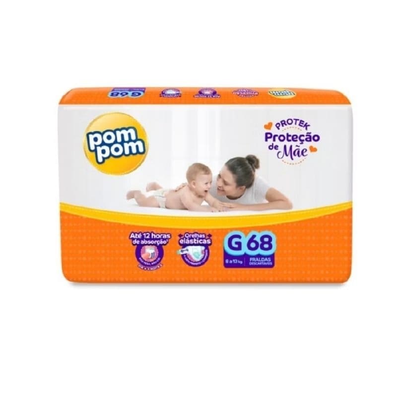 Fralda Pom Pom Protek G 68 Unidades 9 a 12 kg Proteção de mãe.