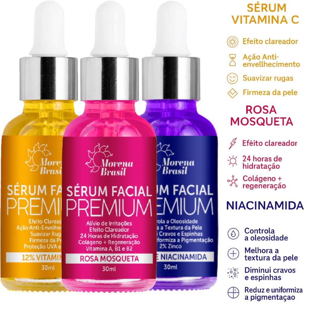 Kit Sérum Facial Premium Morena Brasil | Vitamina C + Niacinamida + Rosa Mosqueta