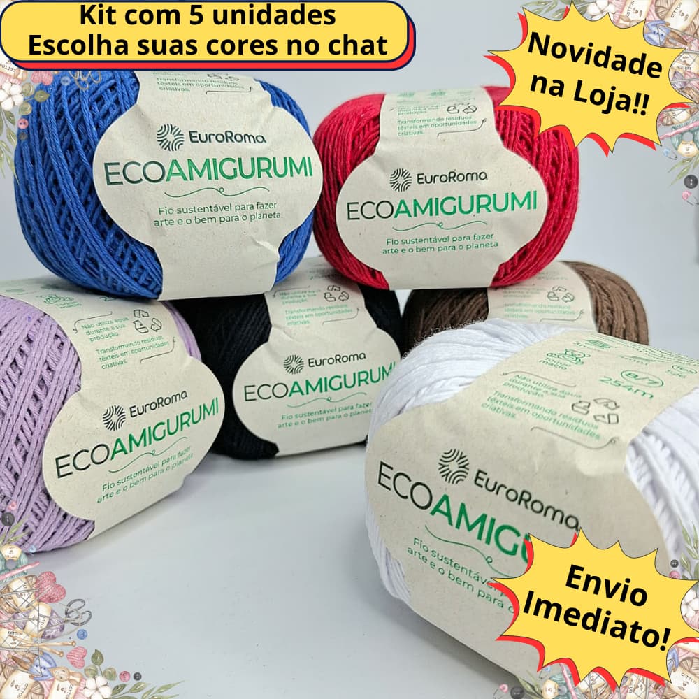 Kit 5 Fio Linha Amigurumi Eco Euroroma 254m ideal para Crochê Tricô e Bordado Algodão Sustentavel