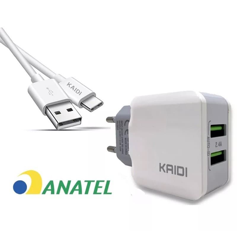 Carregador Tipo C iPhone Kaidi Super Rápido  2 Entradas USB Fonte e Cabo 1 Metro