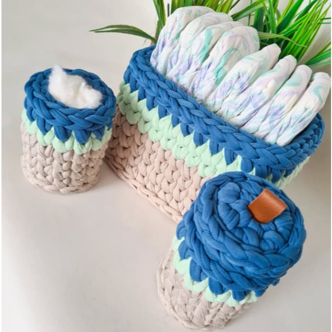 Kit Higiene Bebê Recém Nascido Crochê Fio de Malha Organizador Infantil Porta Cotonete Porta Higiene com Porta Fraldas