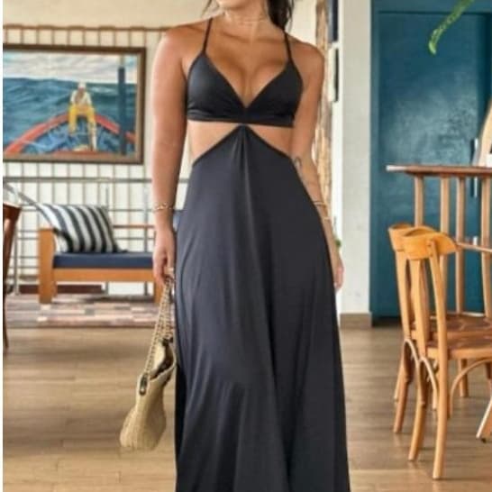 Vestido Longo Feminino Aberto Cintura Trançado Costas