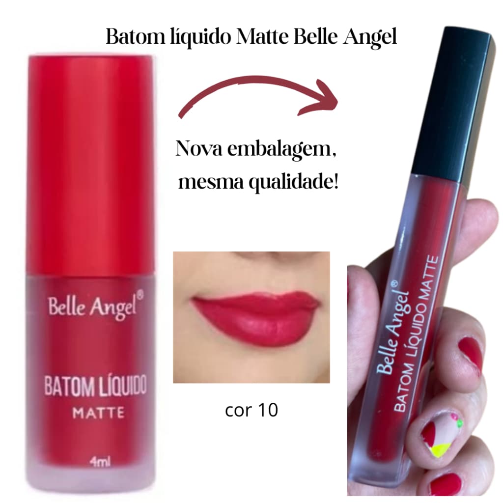 Batom líquido Matte Belle Angel cor 10 longa duração efeito aveludado - Vermelho