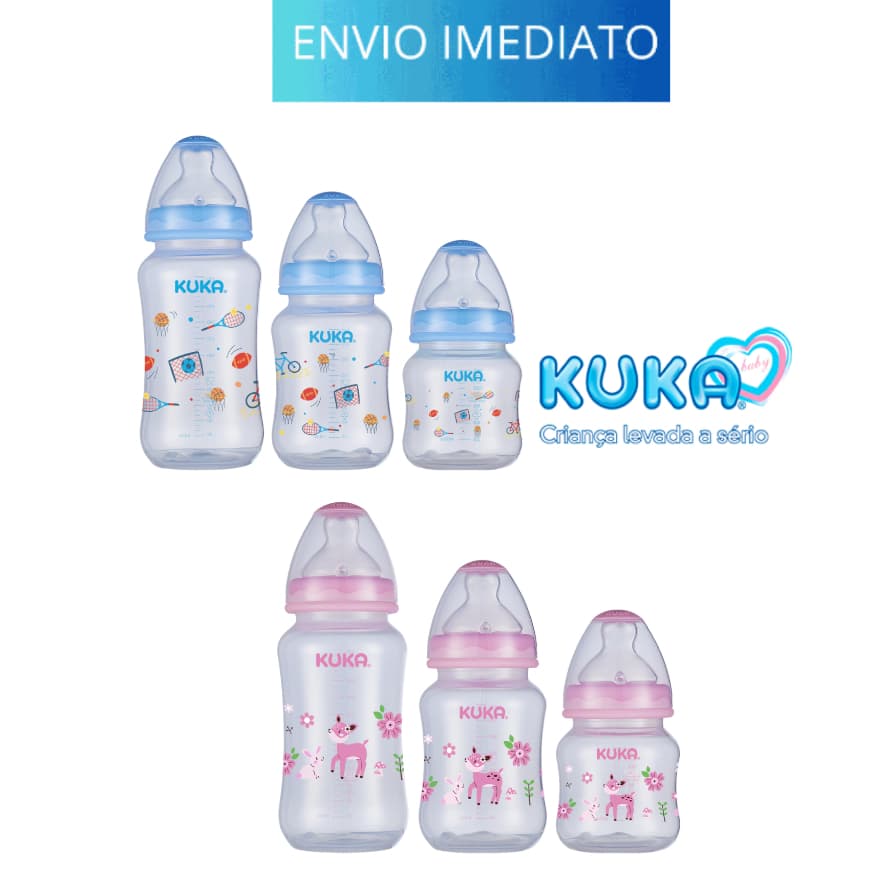 Kit Mamadeiras Kuka Big Natural 3 Unidades Bico Big Ortodôntico Azul ou Rosa - 150ml, 240ml e 330ml